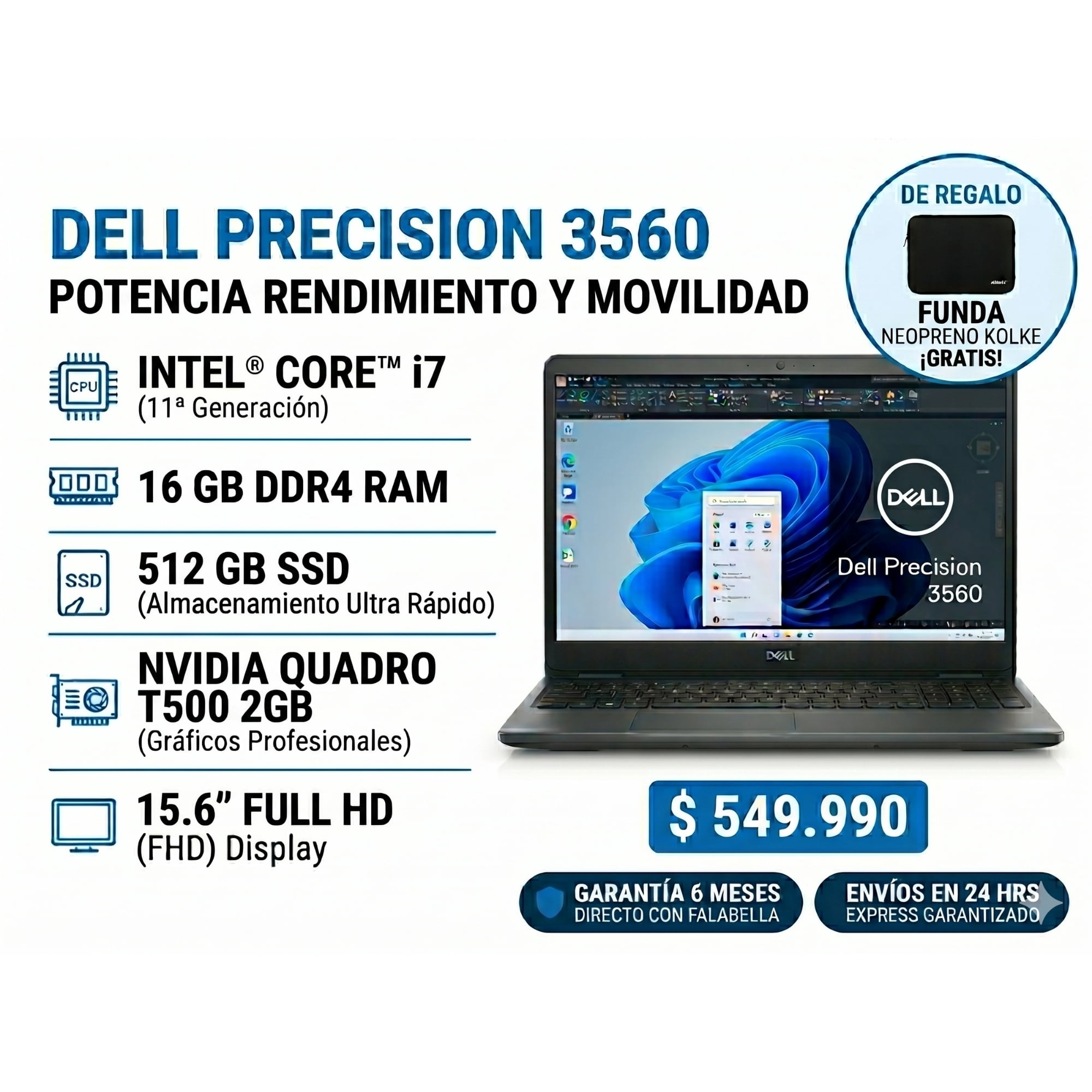 Notebook Reacondicionado Dell Precision 3560 Intel Core I7-1185g7 11va Gen 16gb Ram 512gb Ssd Nvidia T500 2gb Win11 Pro
