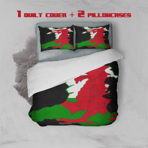 3pcs Welsh Red Dragon And Map Combined with Cultural Symbol Theme Printing Three Piece Bedding Set Soft Quilt Cover And Two Pillowcases