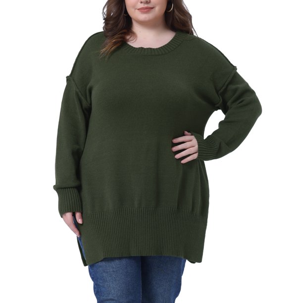 GRACE & GRANDEUR Suéter de Punto de Talla Grande para Mujer con Mangas Largas y Cuello Redondo con Aberturas Laterales 1X Verde Militar