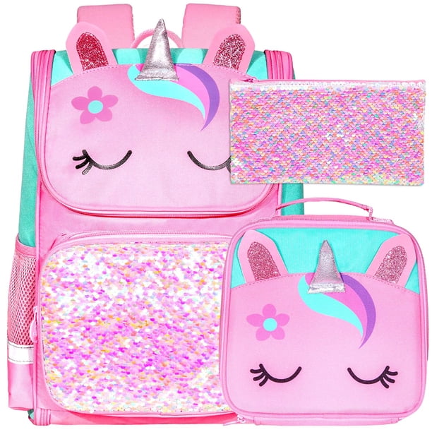 3PCS Backpack for Girls and Boys 15" Kids Sequin Bookbag with Lunch Box Unicorn Dinosaur Cat Pink Purple Blue Green School Bag