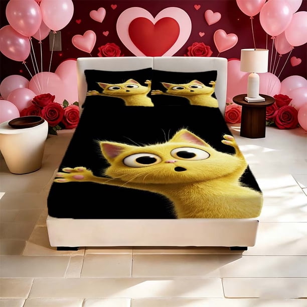 Yellow Cat Surprised Printed Fitted Sheet Set Microfiber Soft and Breathable Deep Pocket with Non-Slip Grip to Prevent Shifting Suitable for All Seasons! Ideal