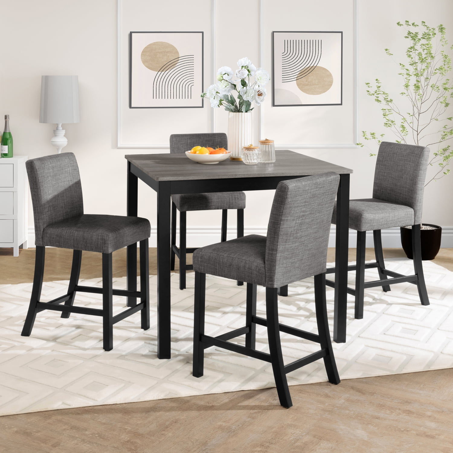 M&ms - 5-piece Counter Height Table Set With 4 Chairs, Counter Height Table Set For 4 With Chairs, Wooden Counter Height Table Set For Kitchen, Dining Room, Light Grey & Black Two Tone