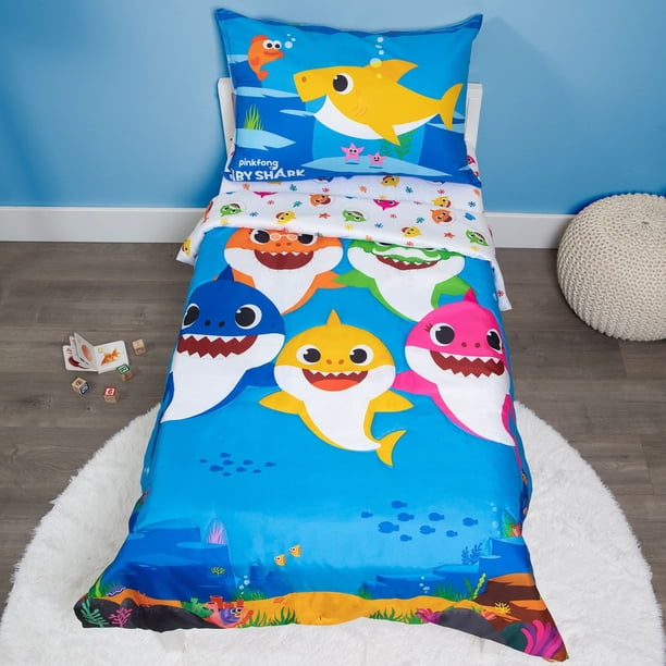 Juego de cama para niños pequeños Baby Shark de 4 piezas con sábanas, funda de almohada y edredón