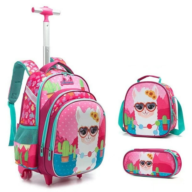 Children's Wheeled Backpack Girls School Backpack Rolling Luggage Backpack Boys School Trolley Bag Set Lunch Bag and Pencil Case