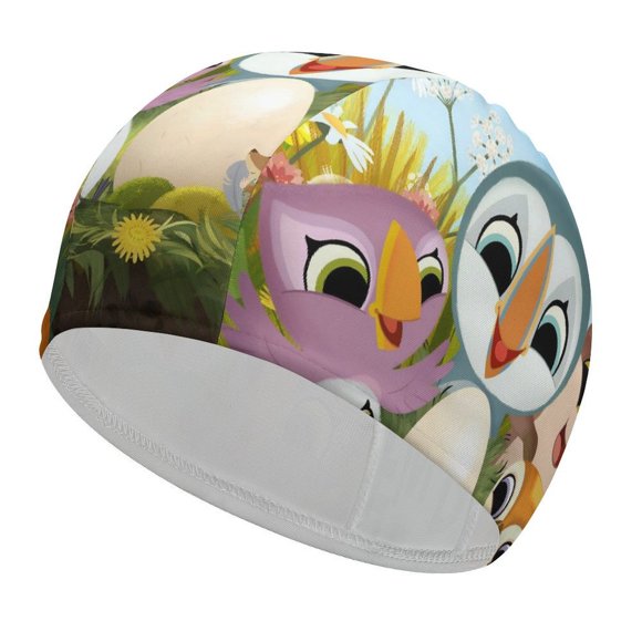 Puffin Rock Gorro de Natación de Licra, Gorro de Baño de Tela Cómoda, Gorro Elástico Antideslizante para Hombres, Mujeres y Niños