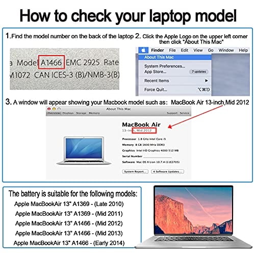 Saleaps A1466 - Batería de repuesto para MacBook Air de 13 pulgadas 2017, principios de 2015, principios de 2014, mediados de 2013, mediados de 2012, mediados de 2011, finales de 2010, 7200 mAh, 7.6 V