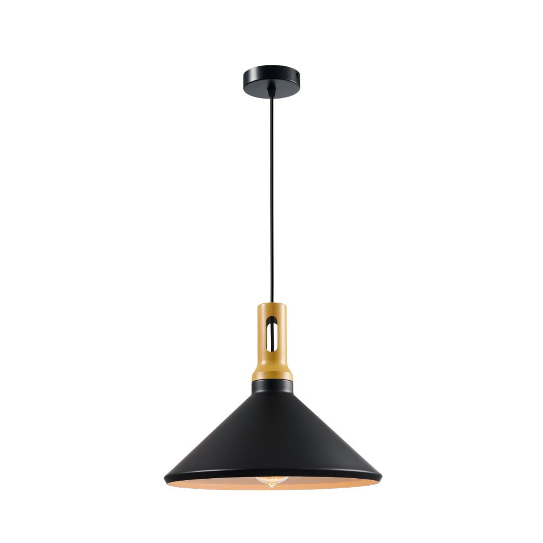 Electricastore - Lámpara Colgante Negra Toques De Madera 35cm Triangular