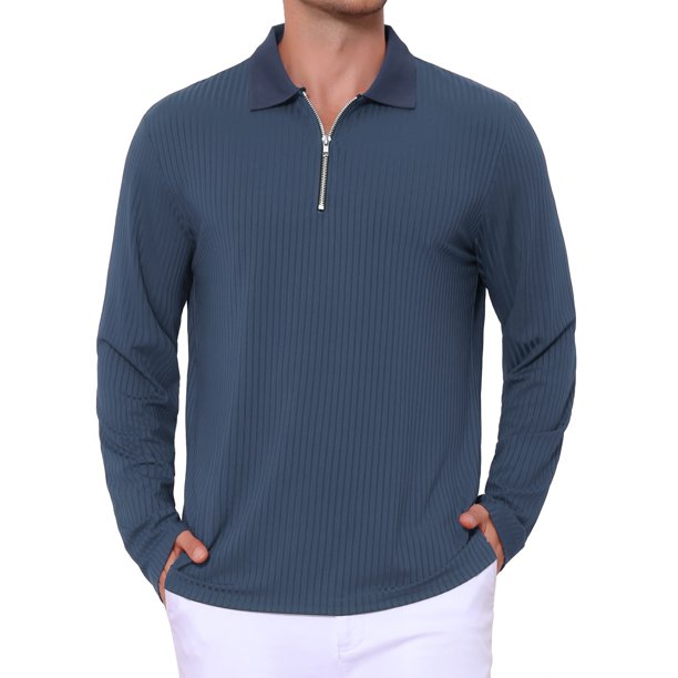 INSPIRE CHIC Camisas Polo Texturizadas para Hombre de Manga Larga con Cremallera Cuarto para Golf XL Azul Marino
