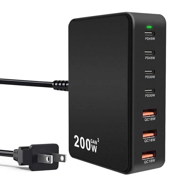 Cargador USB-C cacacece 200W 7 puertos PD QC3.0 GaN
