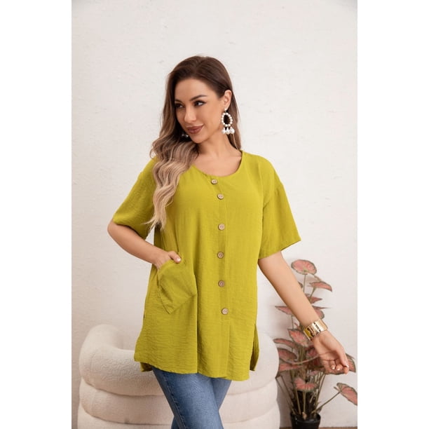 Blusa Mujer Manga Corta Algodón Botones Bolsillos 037