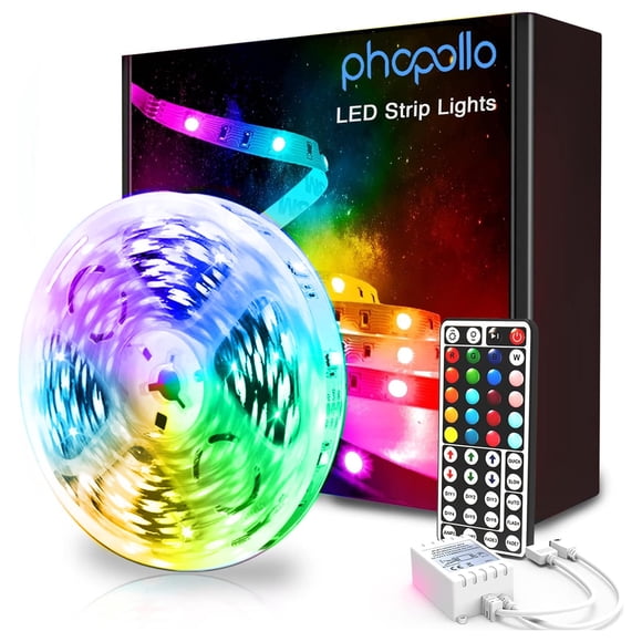Tira de luces LED phopollo de 32.8 pies con fuente de alimentación y control remoto
