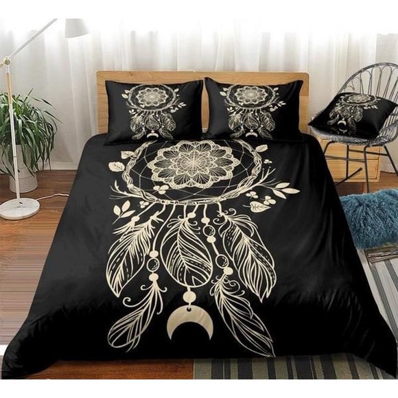 Feather Black Dreamcatcher Quilt Duvet Cover Set Kids Bedspread3-Piece Bedding Set