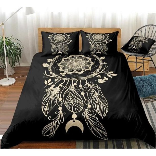 Feather Black Dreamcatcher Quilt Duvet Cover Set Kids Bedspread3-Piece Bedding Set