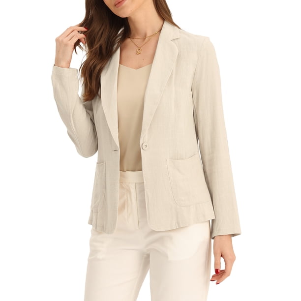 BLAZER DE LINO INSPIRE CHIC para Mujeres con Solapa de Muesca y Un Botón Chaquetas de Traje S Beige