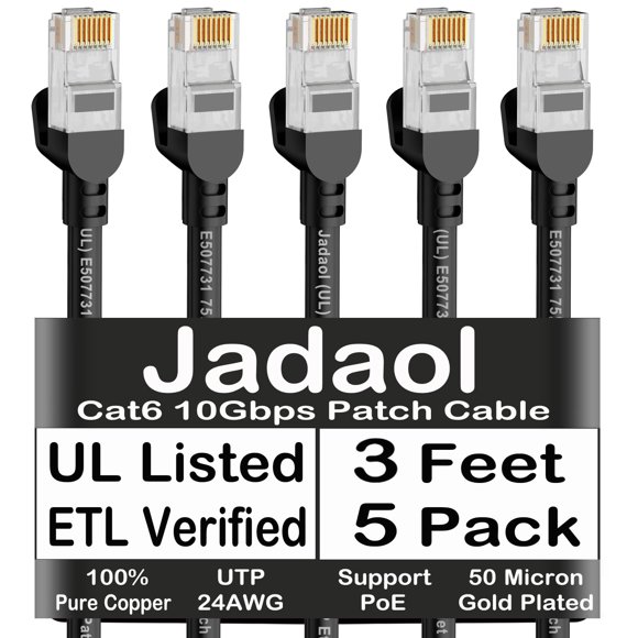 Cable Ethernet Jadaol Cat6 3 pies (91 cm) paquete de 5 10 Gbps negro