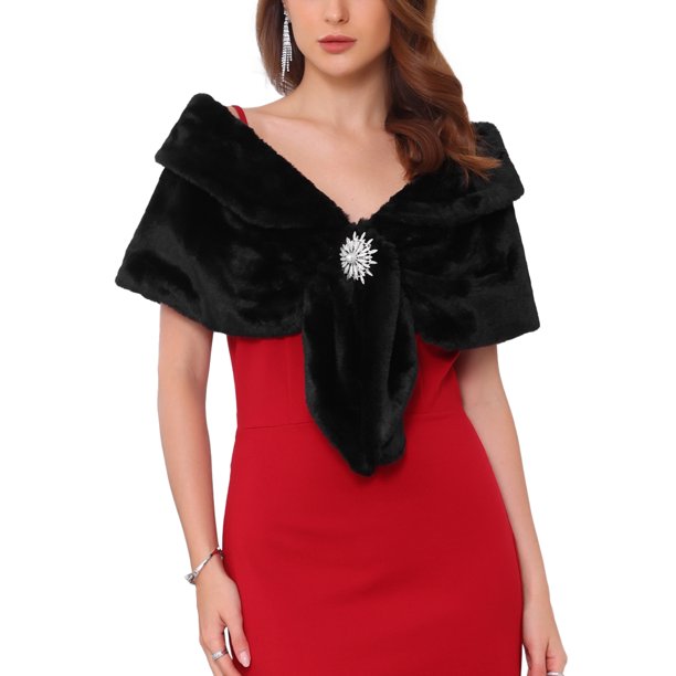 INSPIRE CHIC Capa de Mujer de Piel Sintética para Boda, Fiesta de Boda, Chal de Novia con Broches de Perlas Falsas y Diamantes de Imitación XL Negro