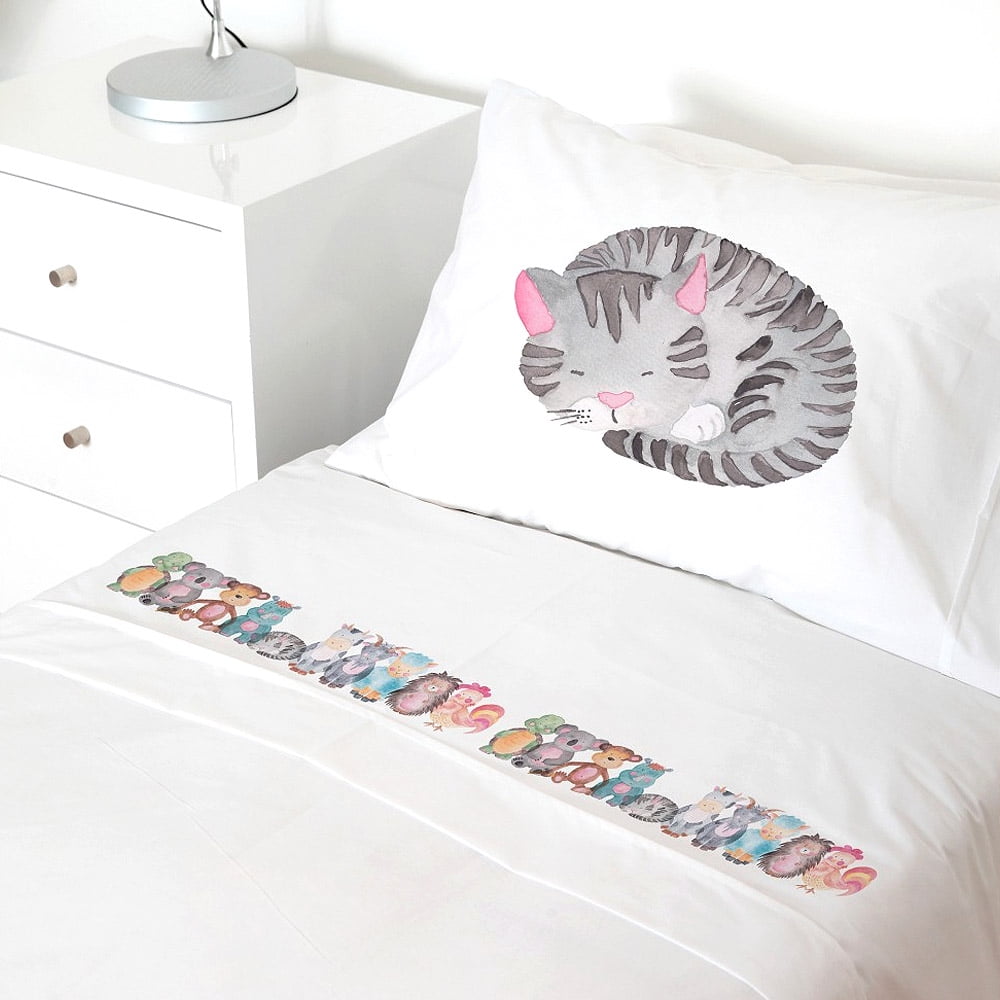 Tuyo Print - Juego De Sábanas 1,5 Pl Animales Acuarela