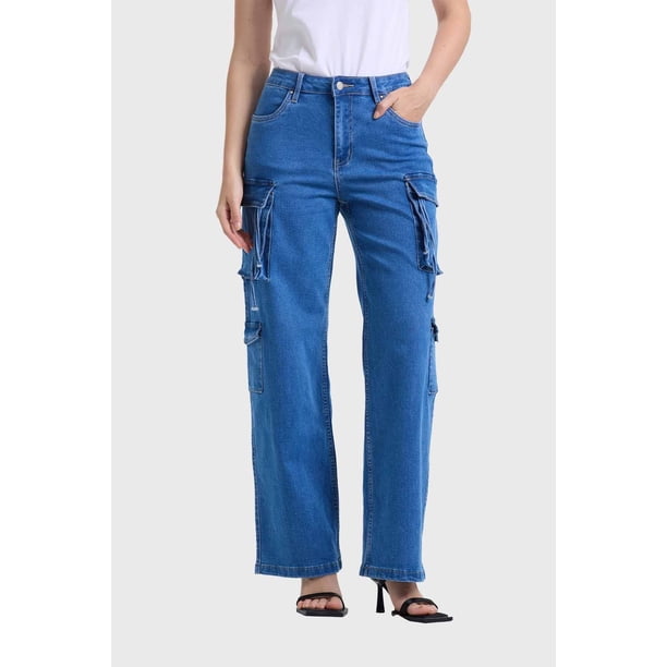 Jeans Mujer Recto Cargo Azul - ll