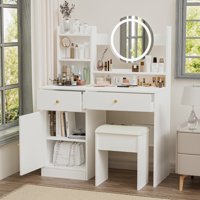 M&Ms - Fashion Vanity Desk With Mirror And Lights For Makeup And Cushioned Chair, Vanity Mirror With Lights And Table Set With 3 Color Lighting Brightness Adjustable,Dressing Table, White Color