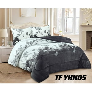 Aladdins Shop - Cobertor De Invierno De Plush Y Chiporro 2 Plazas Blanco Y Gris Floreado