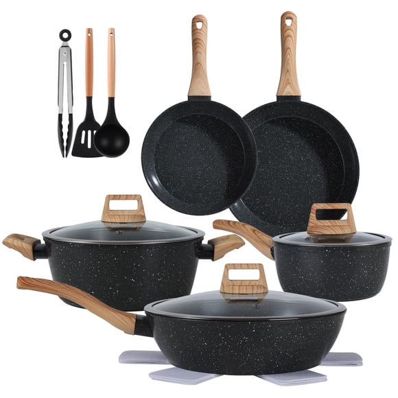 Juego de ollas y sartenes Anymark de 15 piezas, antiadherente cerámico negro