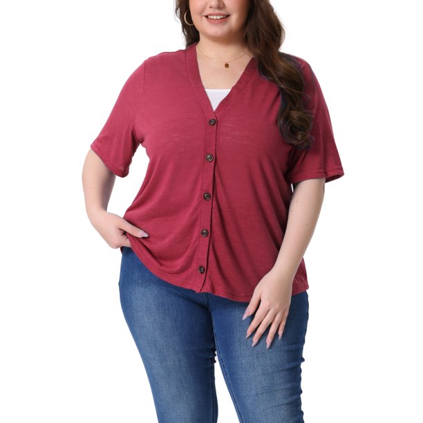 Agnes Orinda Cárdigan de Talla Grande para Mujeres Escuela Universidad Abotonado Transparente Cuello Redondo Manga Corta Suéter Tejido 3X Burdeos