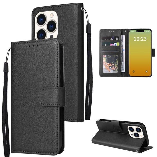 Funda Cartera para iPhone 15 Pro con Tarjetero, Soporte y Cordón - Protección Negro