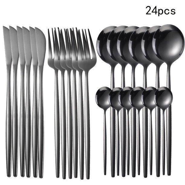 Xiao Hua Juego de vajilla de acero inoxidable negro - 24 piezas (apto para 6 personas) apto para lavavajillas, vajilla para uso diario o cenas formales, vajilla ideal como regalo de bodas