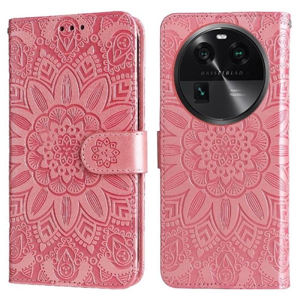 Funda tipo cartera FOXDOCK para OPPO Find X6 , diseño girasol en relieve, cuero PU, cierre magnético, soporte y tarjetero