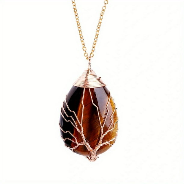 Healing Stones Tree of Life Necklace with Tiger Eye and Amethyst Crystals - Chakra Jewelry for Men and Women - Copper Wire Wrap Gemstone Pendant