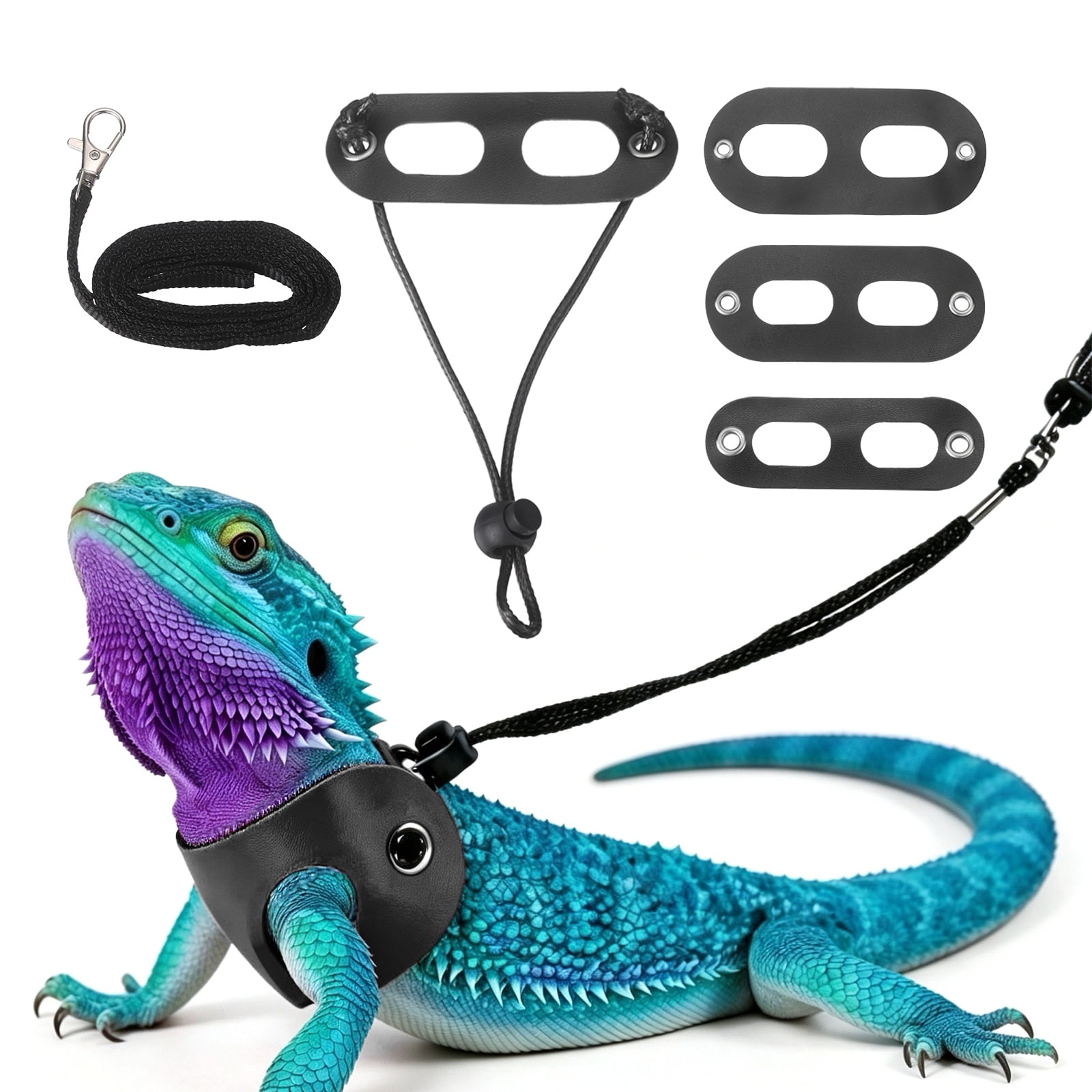 Arnés de Correa para Lagarto Barbudo Uxcell, Arnés de Dinosaurio para Lagarto Ajustable con Cuerda de Tracción de Cuero Suave (S/M/L, 3 Piezas, Negro), para Lagarto Barbudo Reptil Ardilla Rata