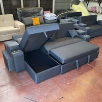 Camila Home - Sofá Cama En L Repelente Al Agua Con Baúl Lino Marengo 280 Cm Con Portavasos Y Puffs