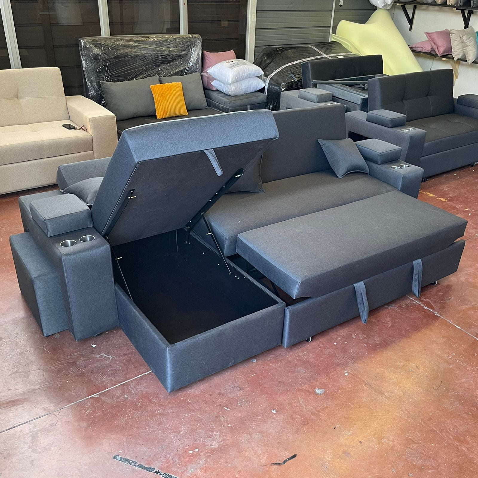 Camila Home - Sofá Cama En L Repelente Al Agua Con Baúl Lino Marengo 280 Cm Con Portavasos Y Puffs