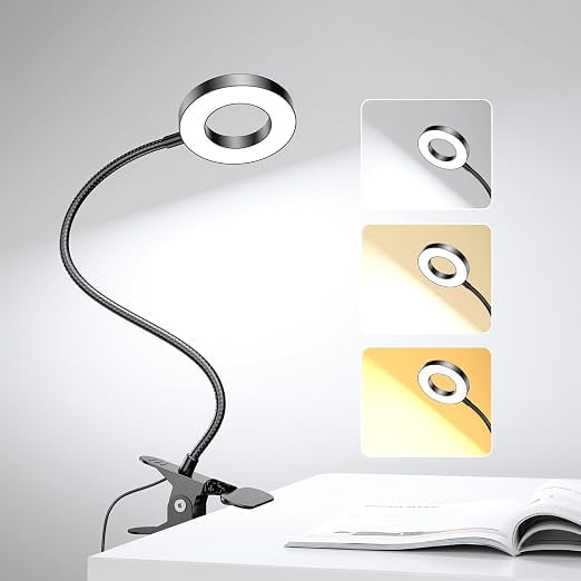 Lámpara LED de escritorio con clip con 3 modos de color, 10 anillos de brillo/luz de abrazadera, cuello ajustable de 360°, regulable, protección ocular
