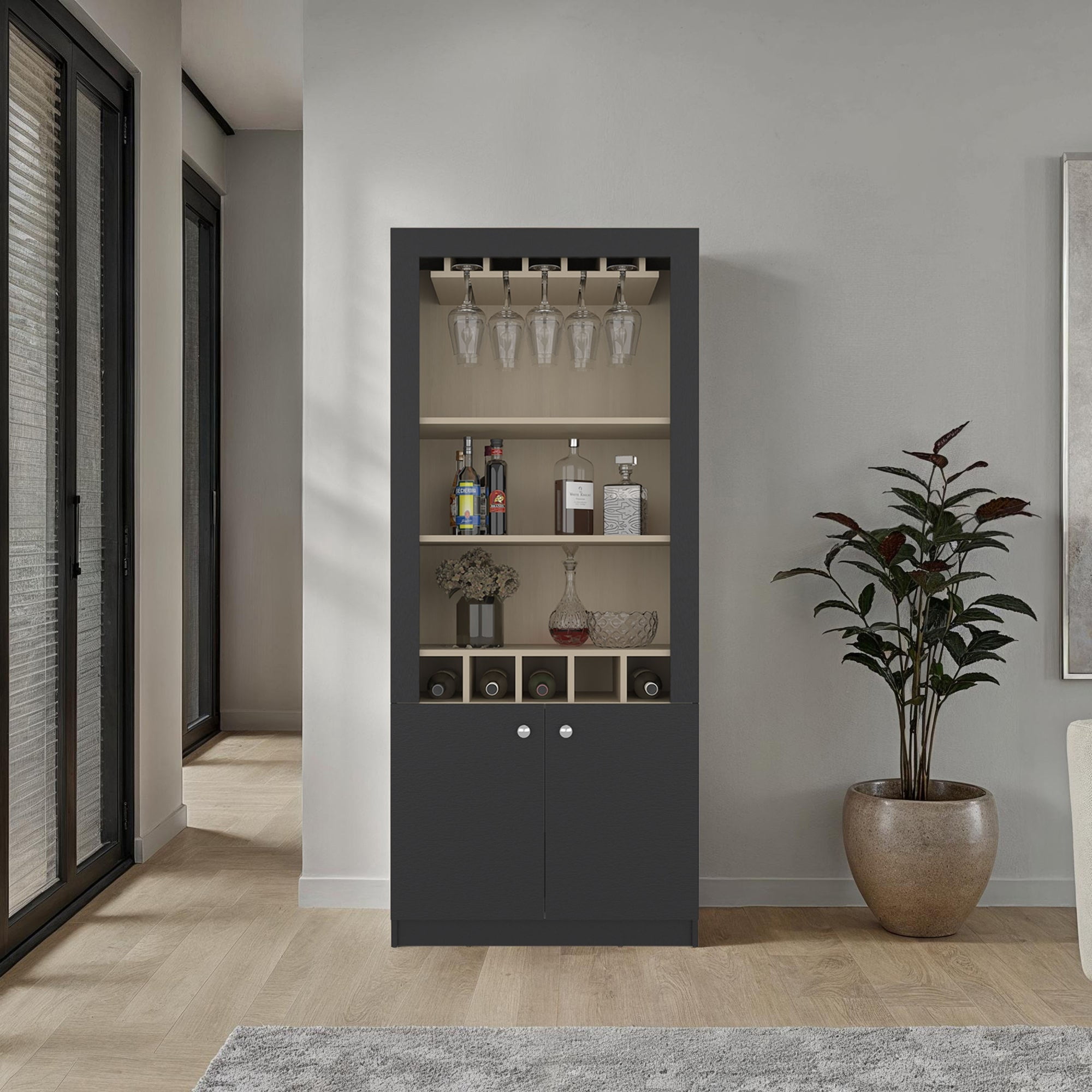 Tuhome - Bar Alto 2 Puertas 5 Botelleros Y Portacopas Bellagio Wengue Y Cartagena 175x75x36,5 Cm