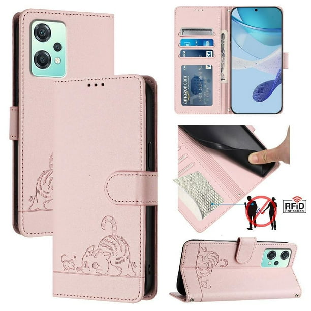 Funda tipo cartera FOXDOCK para Oneplus Nord CE 2 Lite con soporte, ranuras, RFID, diseño de gato