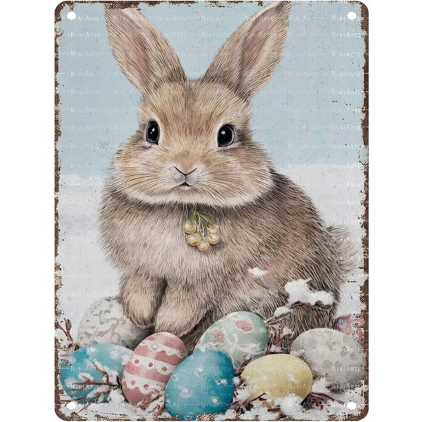 Letrero estaño conejo Pascua retro conejo vintage metal hogar jardín sala decoración pared Pascua 20x30cm