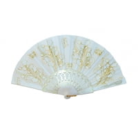 Abanico De Mano Feng Shui Import Blanco Con Bordado De Flores Doradas
