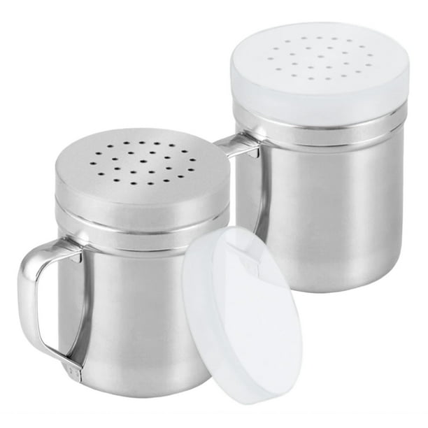 Salero y pimentero de acero inoxidable, latas para condimentos con agujeros y tapa para dispensar queso parmesano, sal, azúcar, pimienta y canela.