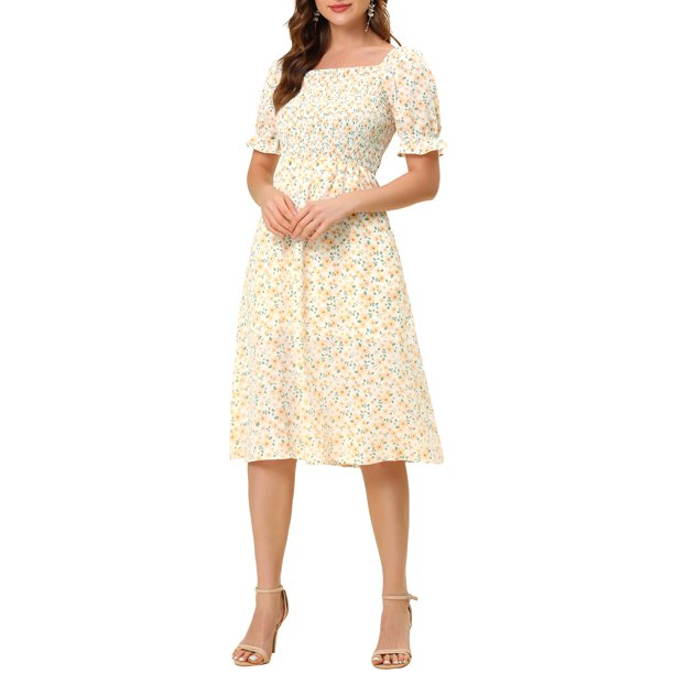 INSPIRE CHIC Vestido de Mujer con Nido de Abeja Floral Cuello Cuadrado Mangas Cortas Abullonadas Primavera Verano Vestidos Midi Naranja 2XL