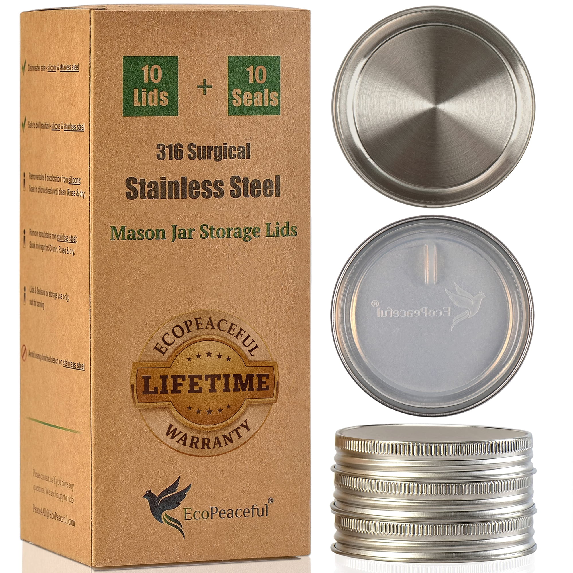 Tapa Para Frascos Mason Ecopeaceful De Acero Inoxidable 316, 10 Piezas