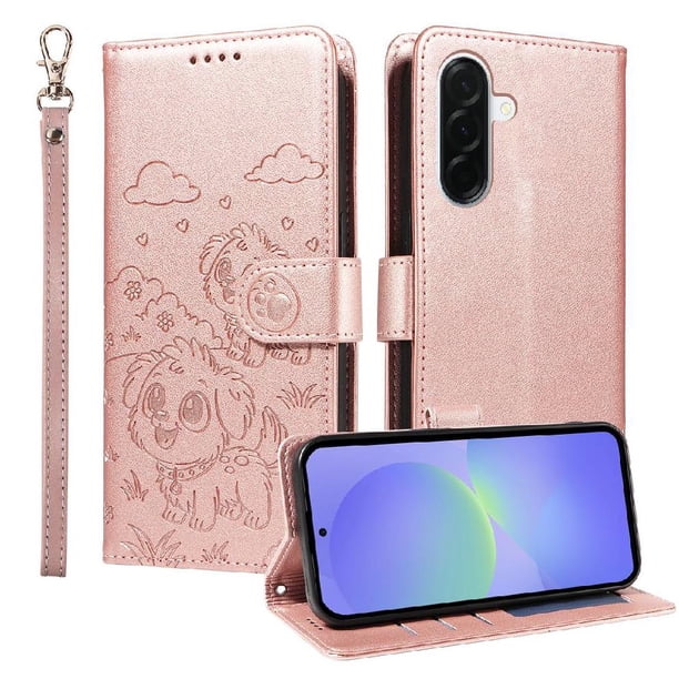 Funda Cartera para Samsung Galaxy A37 Perro Cachorro Grabado con Tarjetas Soporte Correa Rosa