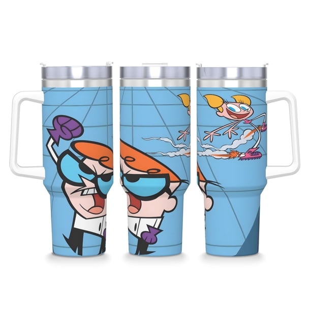 El Laboratorio de Dexter Vaso aislado de acero inoxidable con asa, diseño temático, regalo para familia, amigos y fans; incluye pajita y encaja en el portavasos estándar, 40 oz