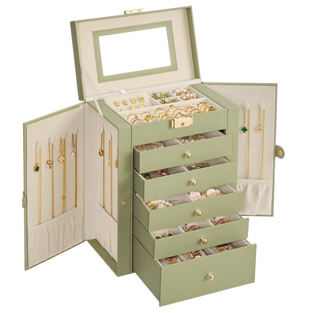 Organizador de Joyas SONGMICS de 6 Niveles con 5 Cajones, Caja de Almacenamiento con Cerradura y Espejo, Gran Capacidad, Regalo para Seres Queridos, para Collares y Relojes, Verde Salvia UJBC152CE01S