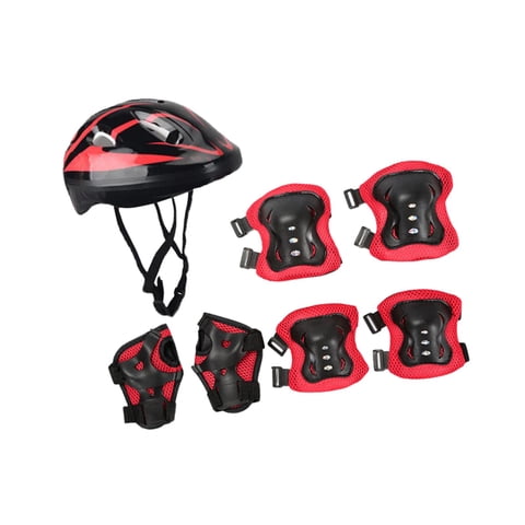 Magideal - 7 Piezas/Juego De Casco De Bicicleta Para Niños, Casco De Patinaje Sobre Ruedas, Rodilleras, Coderas Y Muñequeras, Casco De Patineta Para Adolescentes Negro Rojo