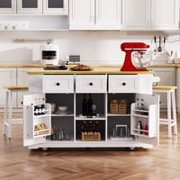 M&Ms - K&K 53Inch Large Kitchen Island With Drop Leaf, Power Outlet, Door Internal Storage Rack, Rolling Kitchen Cart On 5 Wheels With 5 Open Side Racks For Kitchen, Dining Room,White(Not Include Bar Stools)
