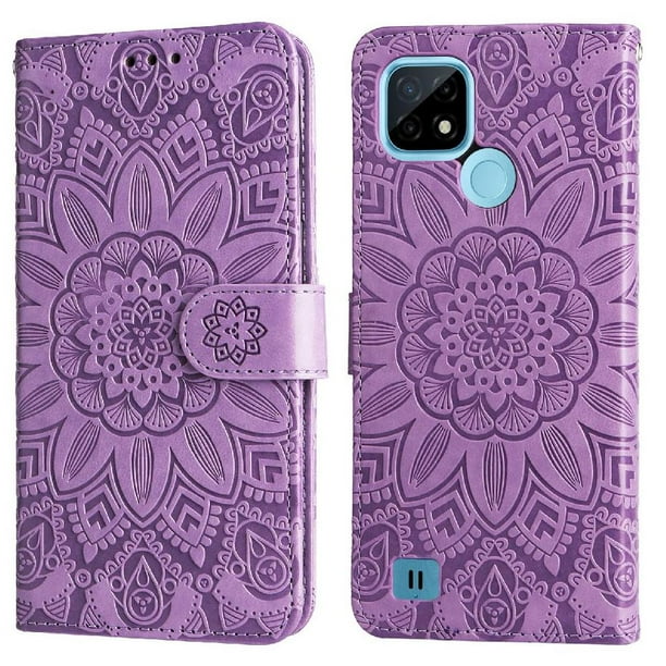 Funda tipo cartera FOXDOCK para Realme C21 , diseño girasol en relieve, cuero PU, cierre magnético, soporte y tarjetero