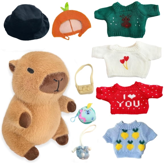 Peluche TITQWOP Capibara con 9 prendas y accesorios de 26 cm