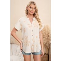 Likeshop - Blusa Mujer Manga Corta Algodón Botones Diseño Estampado 0076