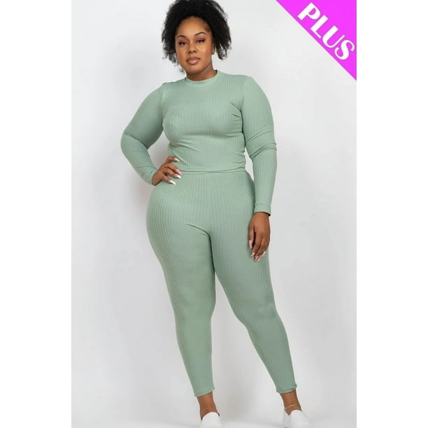 Saronite Conjunto de Dos Piezas de Top y Leggings de Manga Larga con Cuello Alto y Punto Acanalado Básico, Color Verde Bahía (Talla Grande para Mujer)